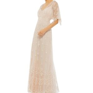 NWT Mac Duggal 9144 V Neck Flutter Sleeve Embellished Mesh Gown Blush Size 4